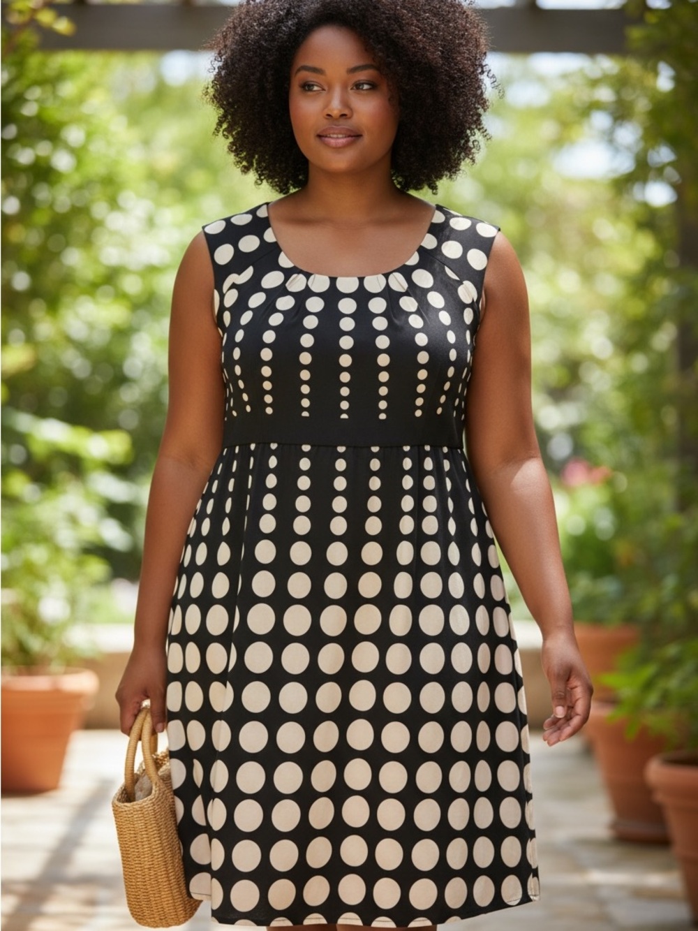 Voir Voir Black Midi Dress with Cream Polka Dots